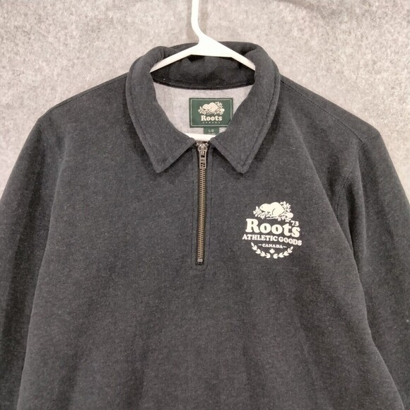 Roots Sweater 1/4 Zip Gray Long Sleeve Casual Polo Sweatshirt Logo Mens Large - Picture 2 of 12